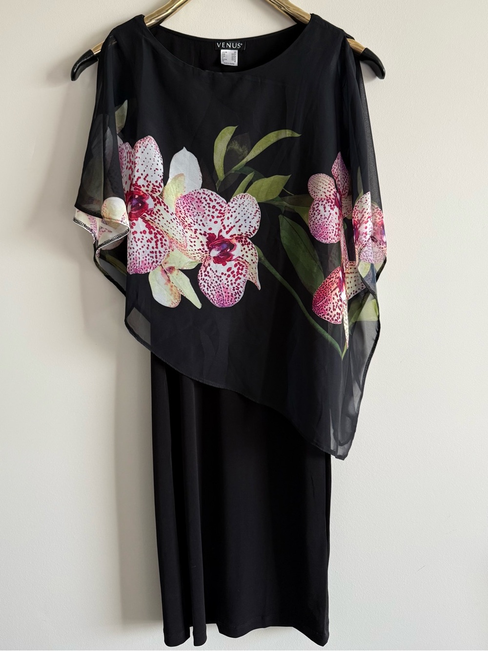VENUS Y2K Black Orchid Floral Chiffon Overlay Midi Dress XS